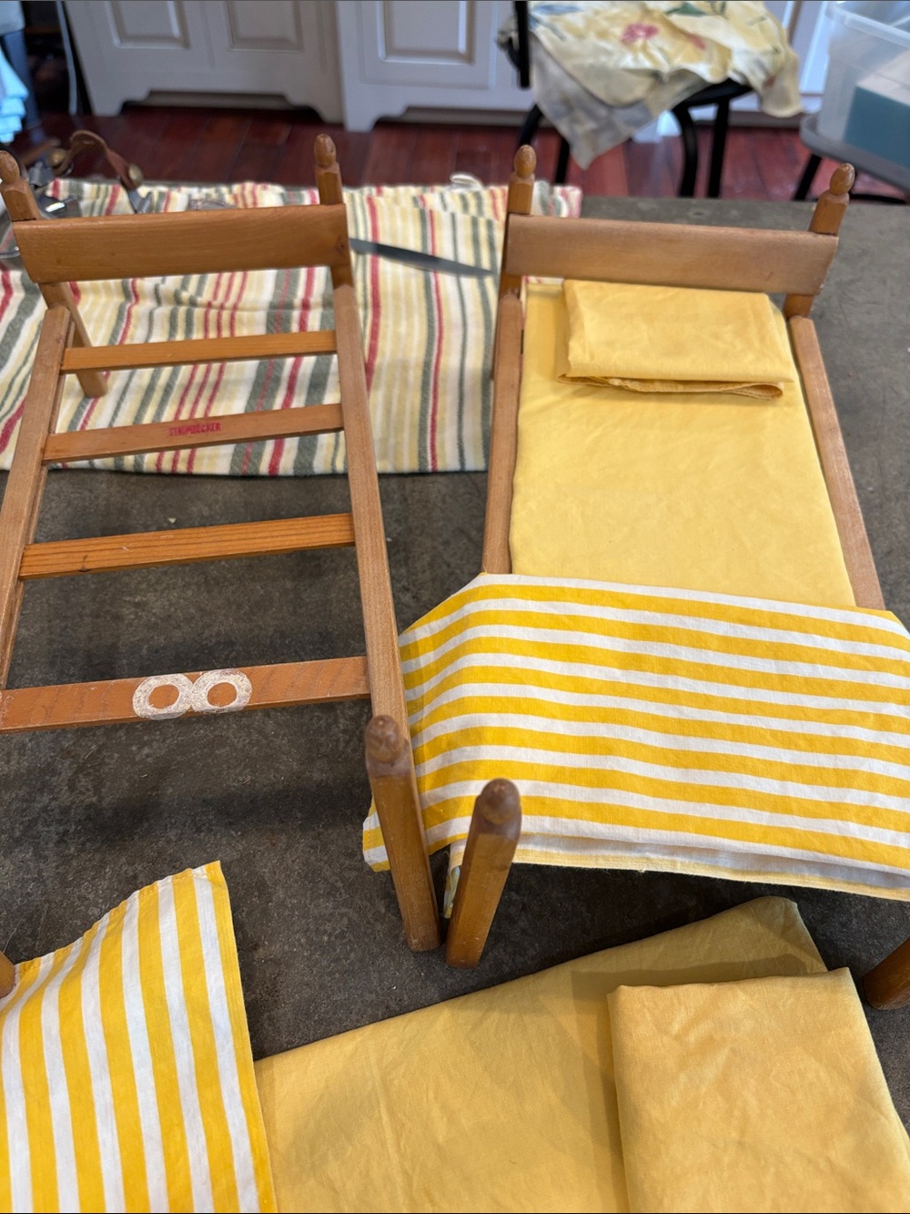 Strombecker Wooden Doll Bed  with Yellow Striped Bedding